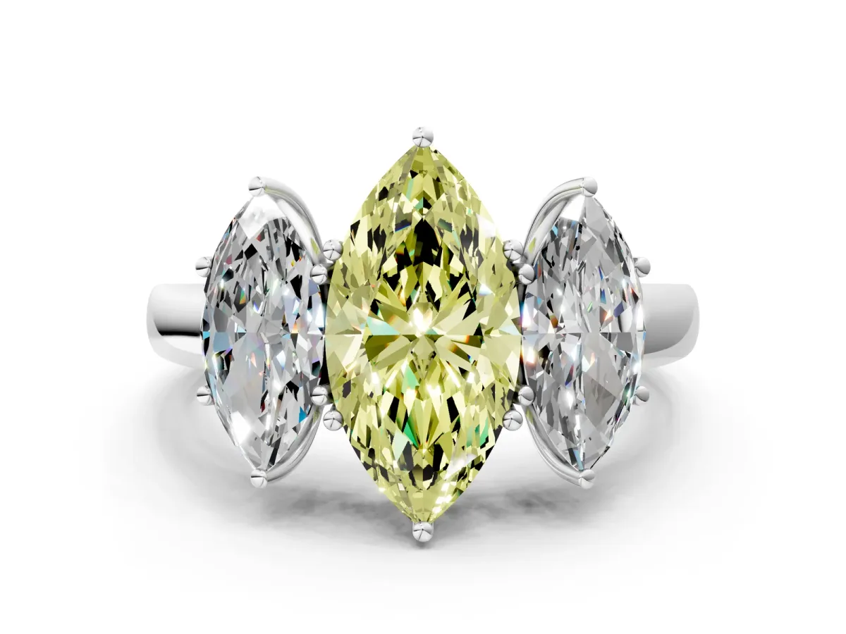 Fancy Yellow Marquise Cut Diamond Three-Stone Ring with Four-Prong Setting and Classic Band Platinum