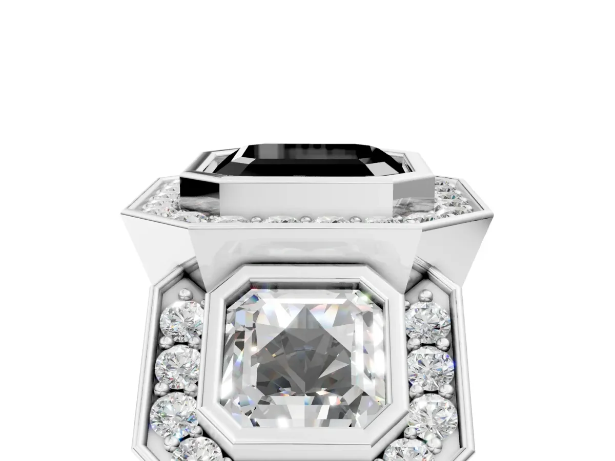 Fancy Black Three-Stone Asscher Cut Halo Pavé Diamond Ring Platinum
