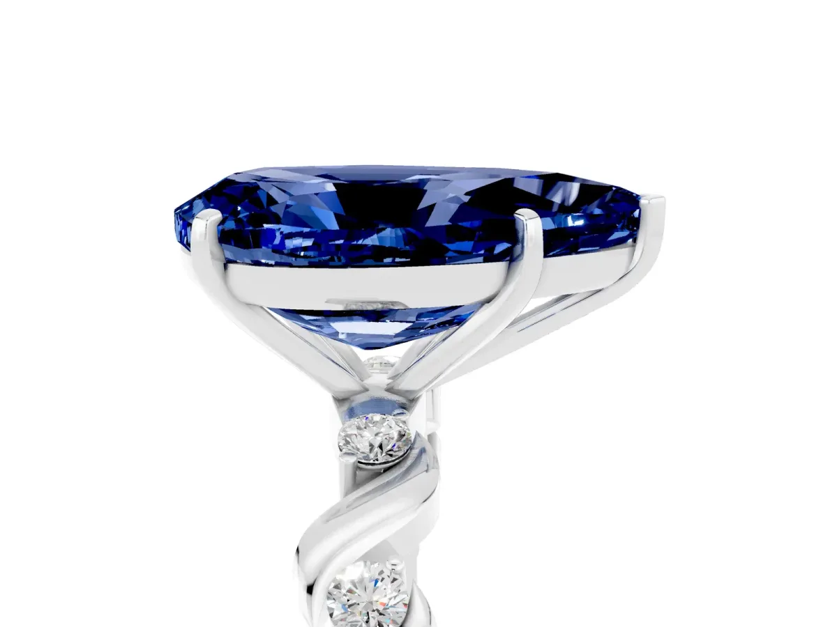 Pear Cut Blue Sapphire Solitaire Twisted Band with Round Accents and Prong Setting Silver