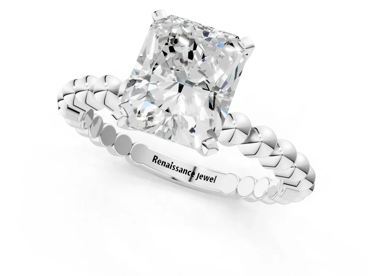 Radiant Cut Diamond Solitaire Ring with Beaded Band and Prong Setting White gold