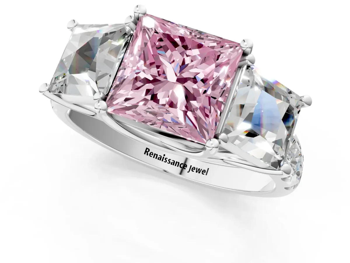 Fancy Pink Three-Stone Princess Cut Diamond Pavé Band with Prong Setting Platinum