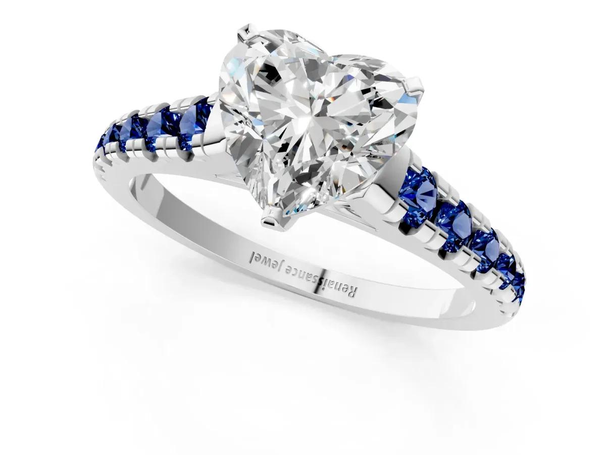 Heart Cut Diamond Cathedral Solitaire Ring with Round Blue Sapphire Pavé Band Silver