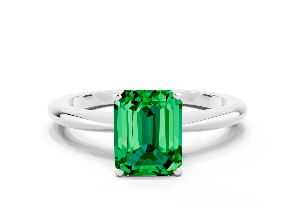 Emerald Cut Emerald Solitaire Ring with Six-Prong Setting and Classic Band White gold