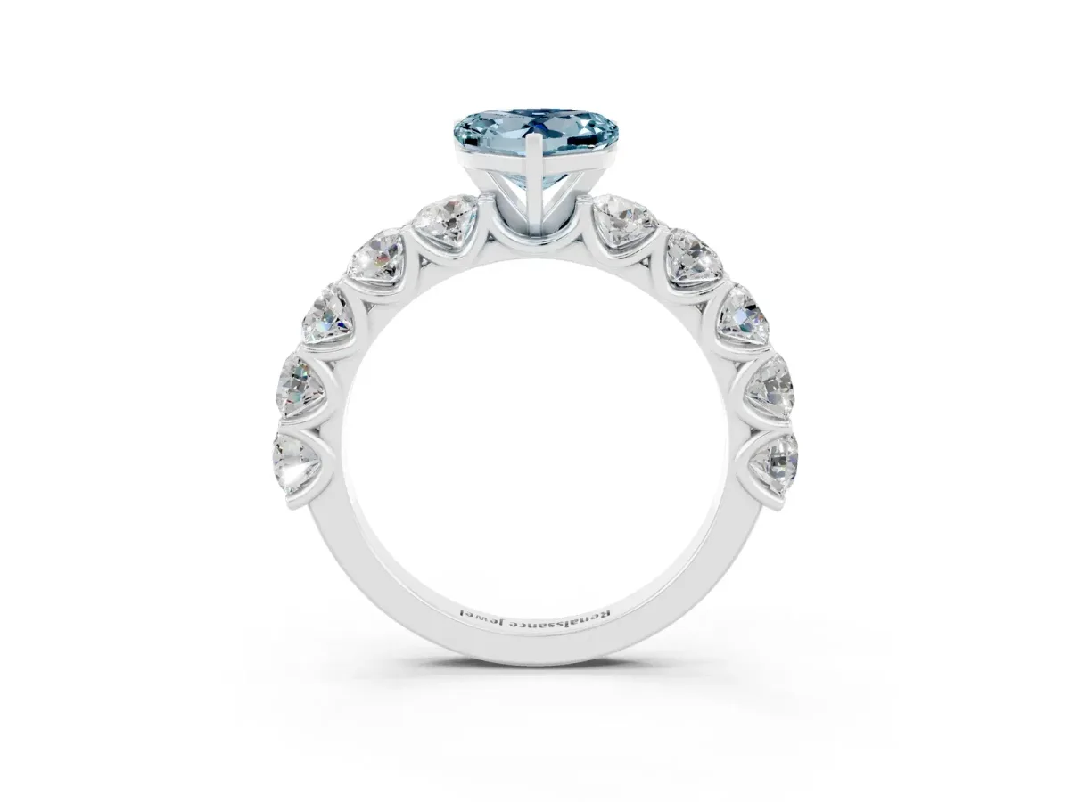 Heart Cut Aquamarine Prong Setting with Side Stones on a Pave Band Silver