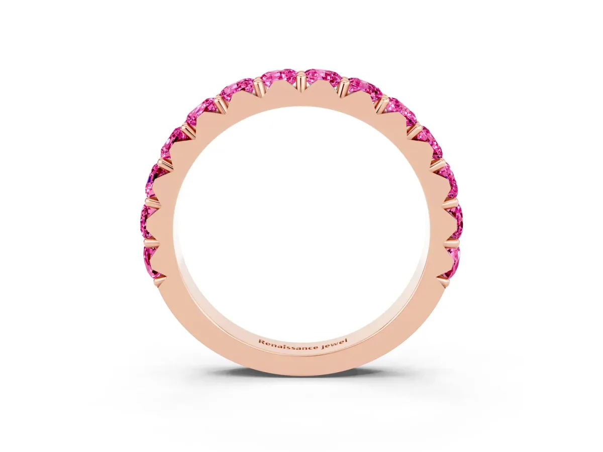 Round Pink Sapphire Half Eternity Band with Classic Prong Setting Rose gold