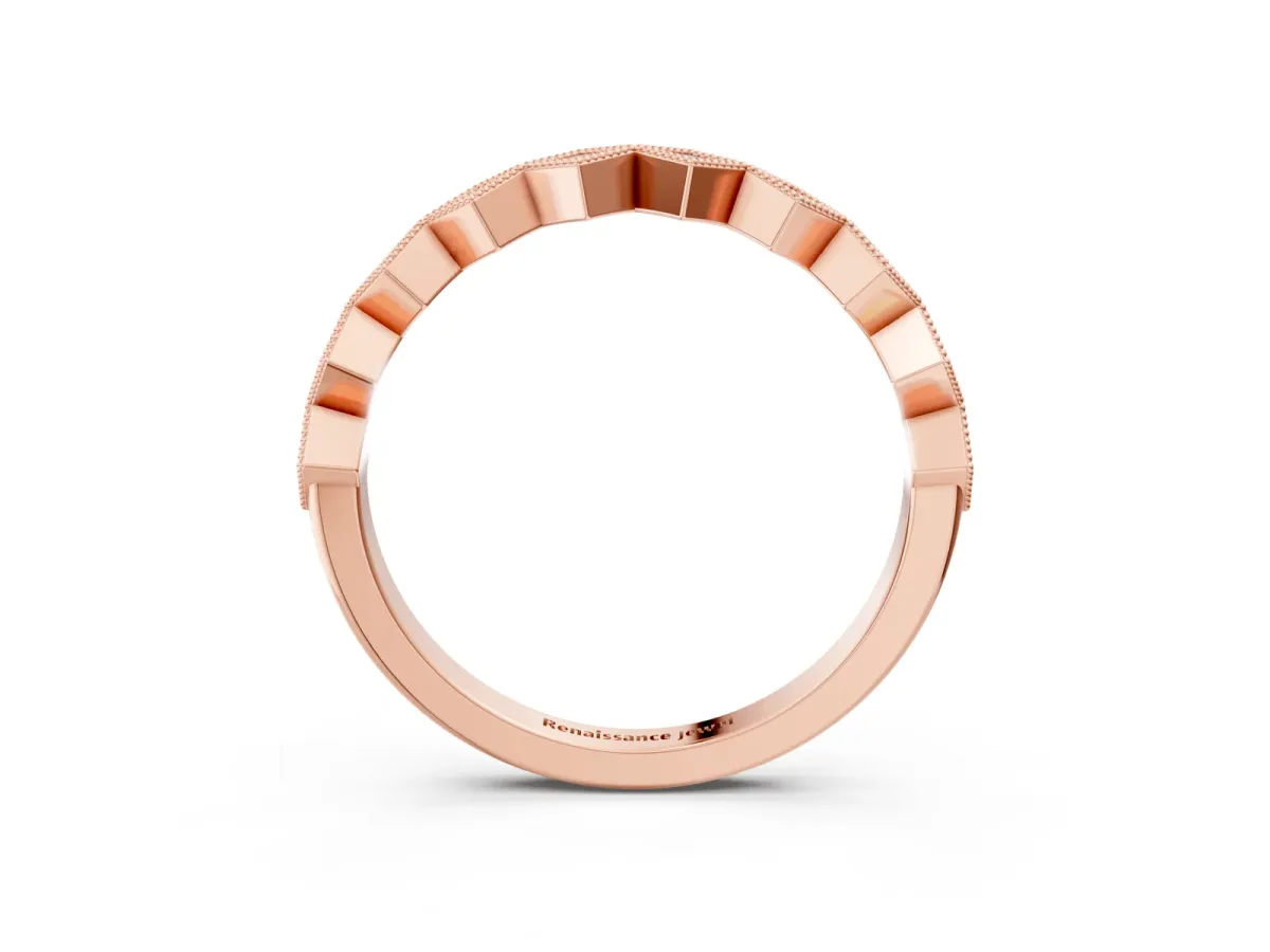 Milgrain Diamond Geometric Stackable Band with Round Cut Stones and Bezel Setting Rose gold