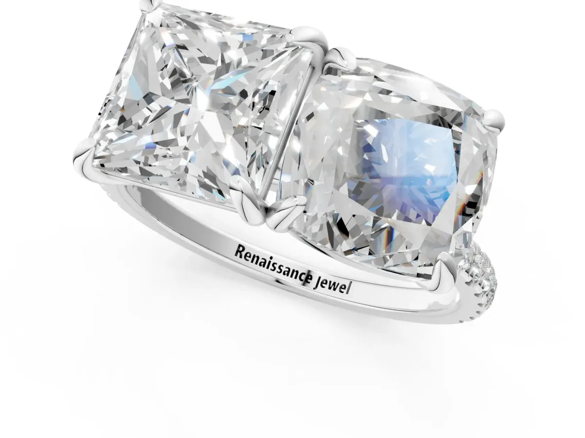 Cushion and Princess Toi Moi Ring with Prong Setting and Micro Pave Band Silver
