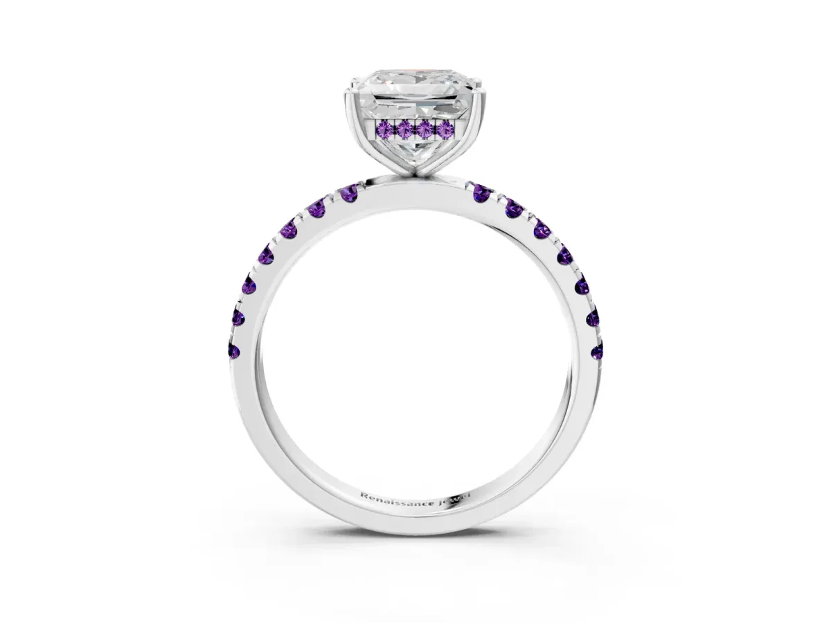 Princess Cut Diamond Pave Band Solitaire Ring with Round Amethyst and Prong Setting Silver