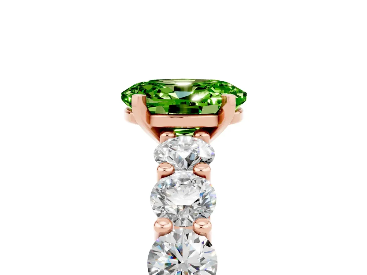 Oval Cut Peridot Prong Setting with Side Stones on a Pave Band Rose gold