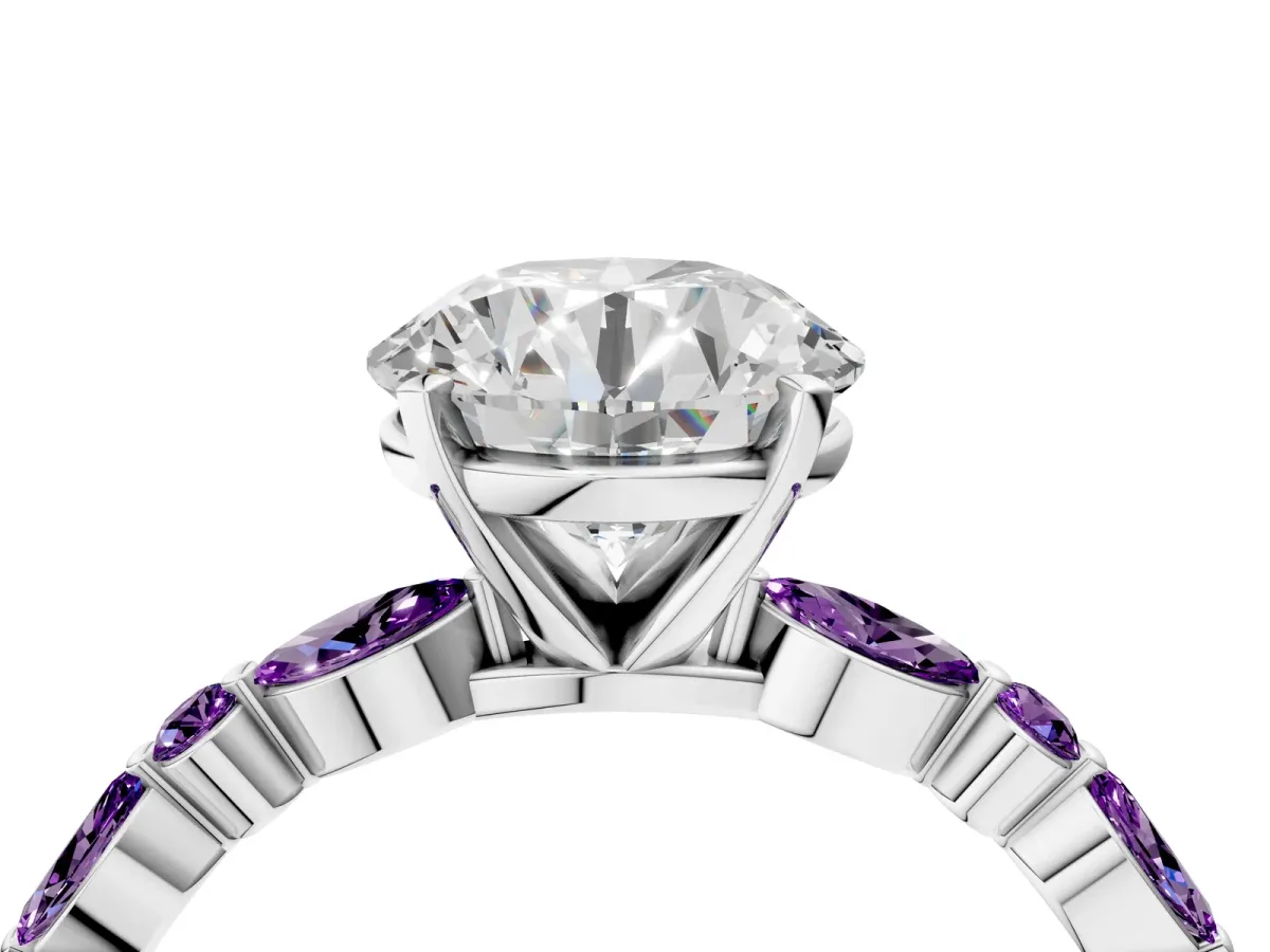 Round Cut Diamond Ring with Marquise and Round Amethyst Side Stones and Four-Prong Setting Silver