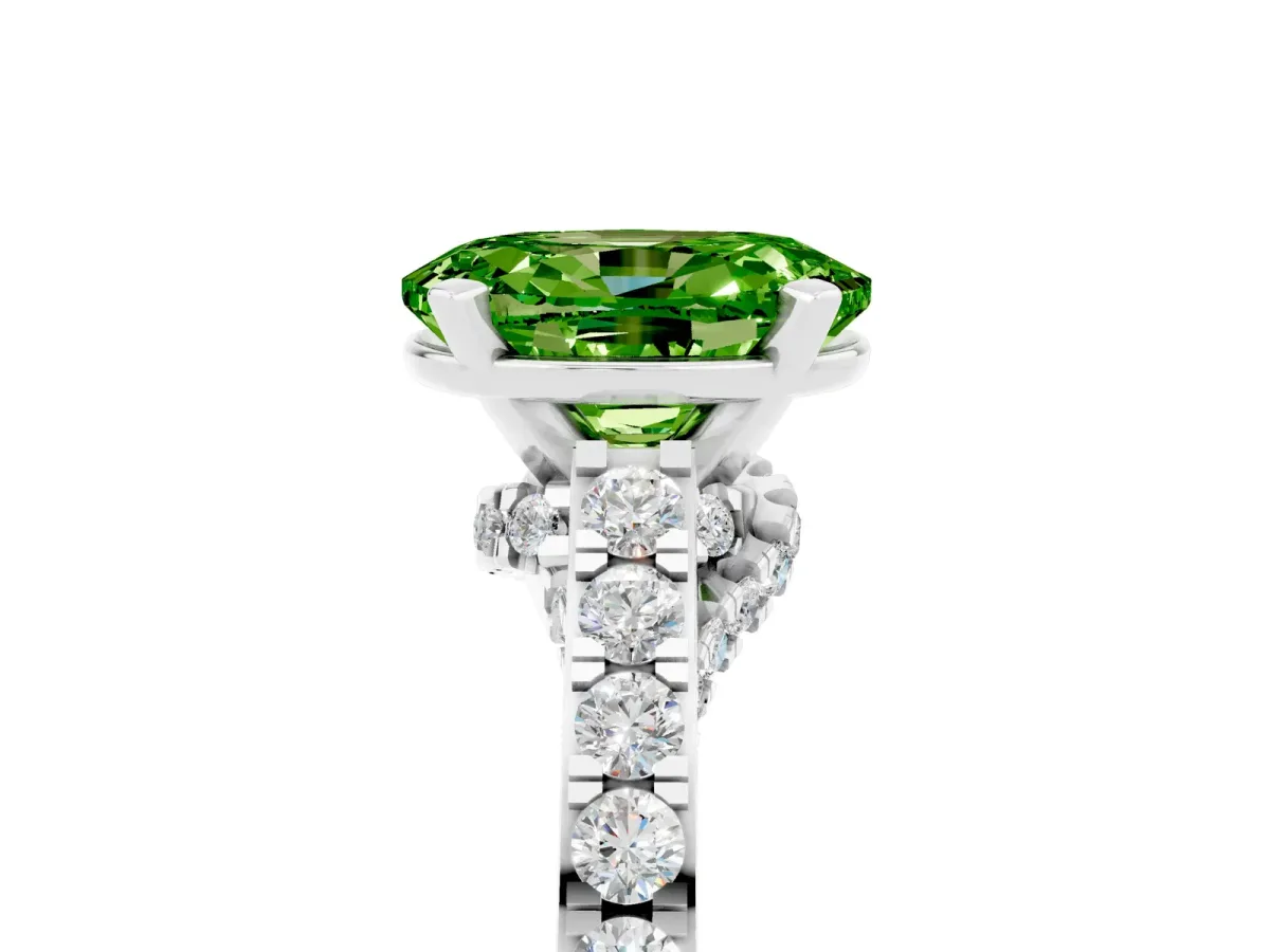Oval Cut Peridot Solitaire Ring with Crossover Gallery and Round Pavé Band Platinum