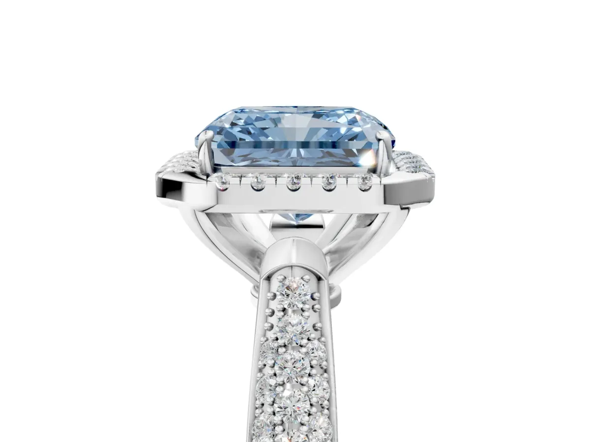 Fancy Blue Radiant Cut Halo Diamond Ring with Pavé Band Platinum