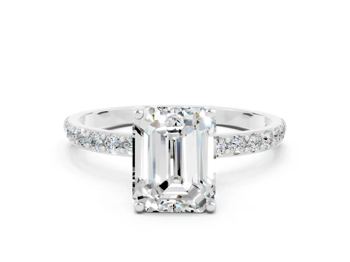 Emerald Cut Moissanite Solitaire Ring with Round Pavé Band and Prong Setting Platinum