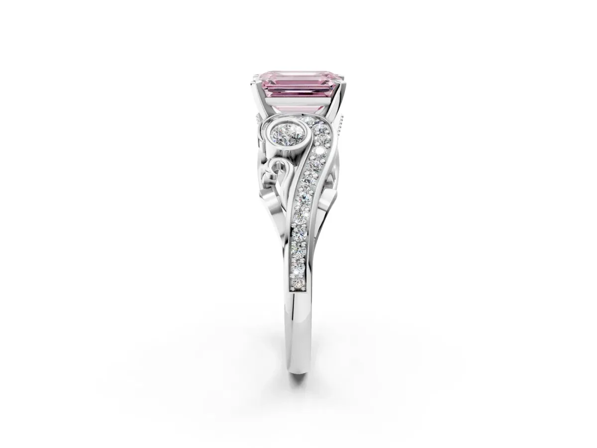 Fancy Pink Emerald Cut Diamond Solitaire Ring with Milgrain Pavé Band and Four-Prong Setting Silver