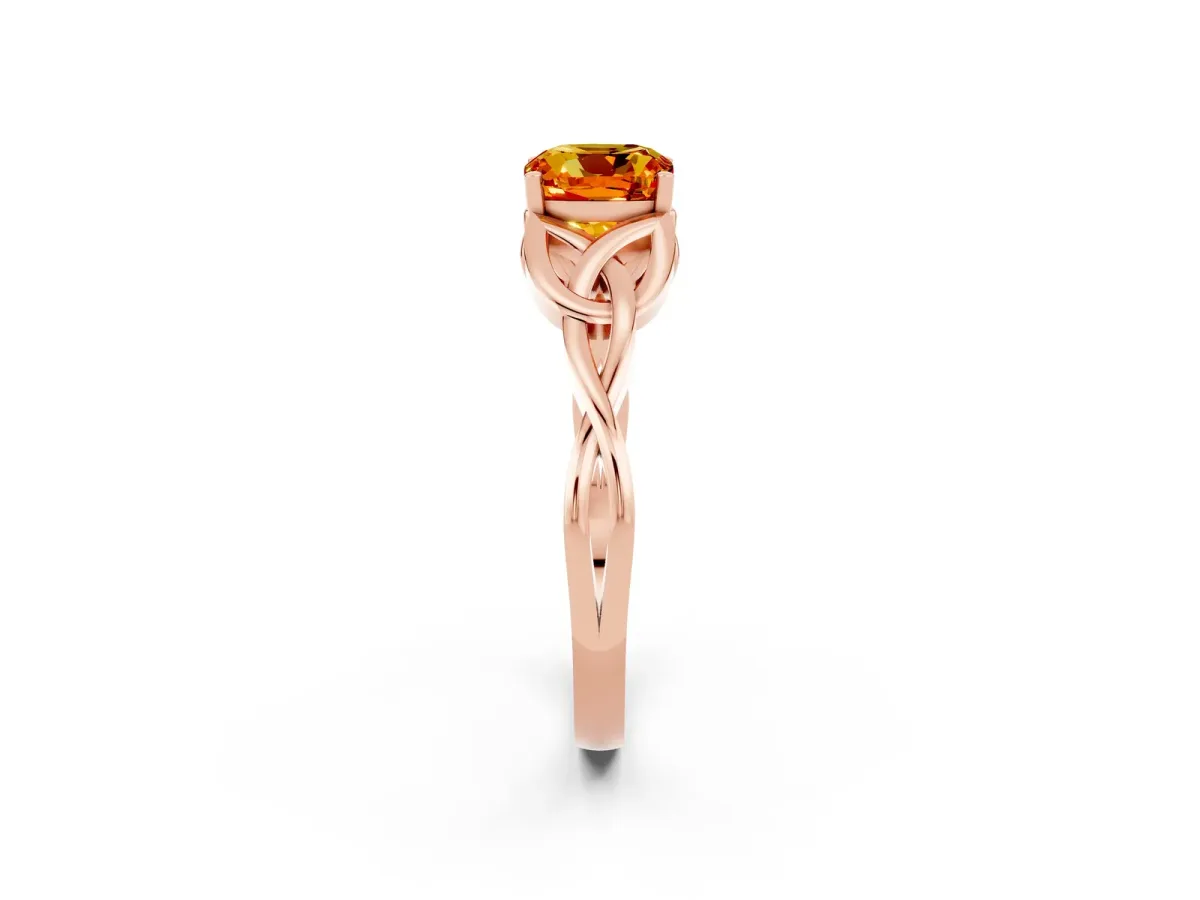 Cushion Cut Citrine Solitaire Celtic Knot Ring with Four-Prong Setting Rose gold