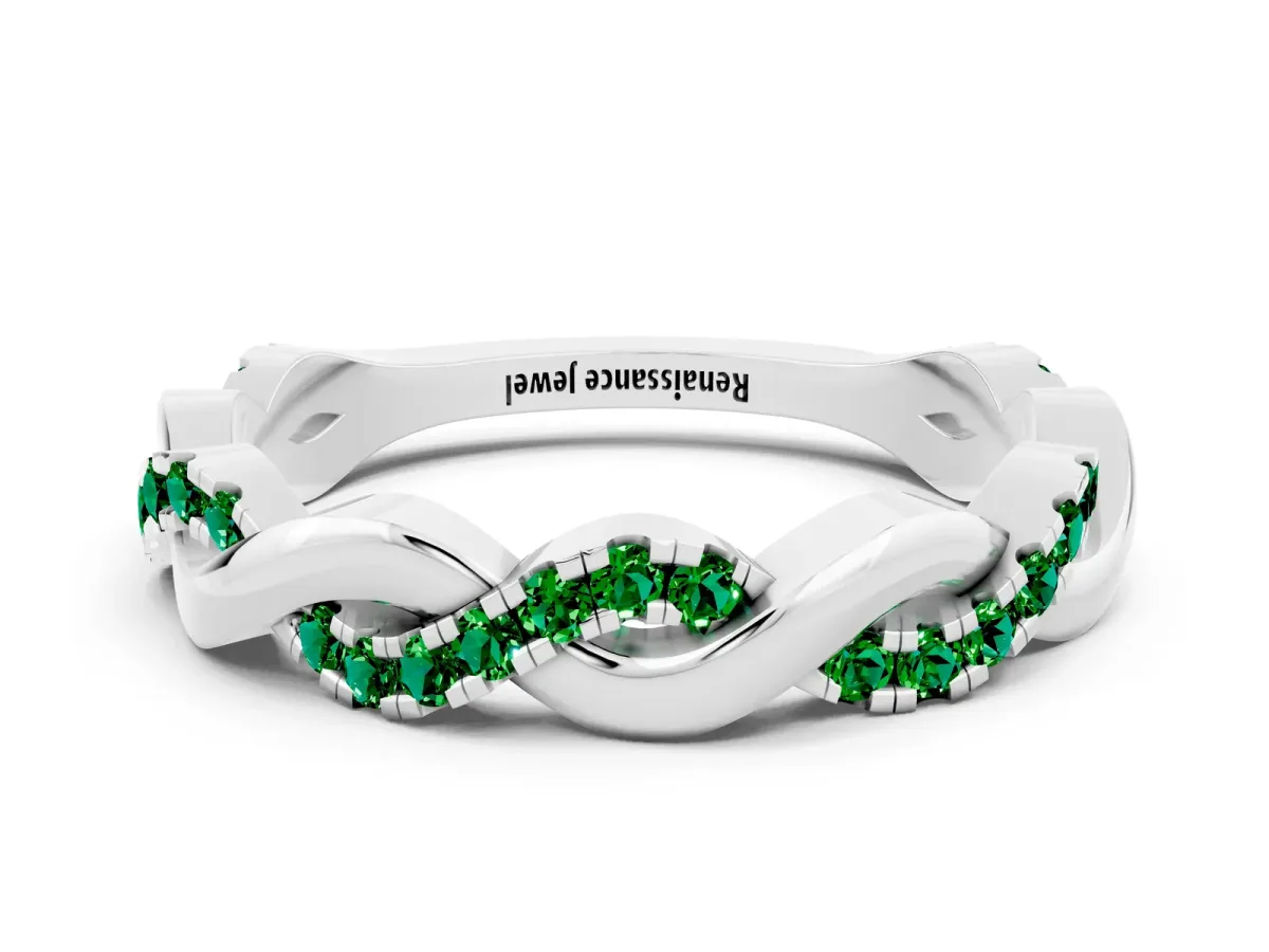 Pavé Round Emerald Twist Eternity Band with Shared Prong Setting White gold