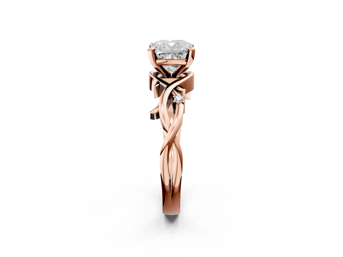 Cushion Cut Diamond Solitaire Ring with Twisted Band and Prong Setting Rose gold