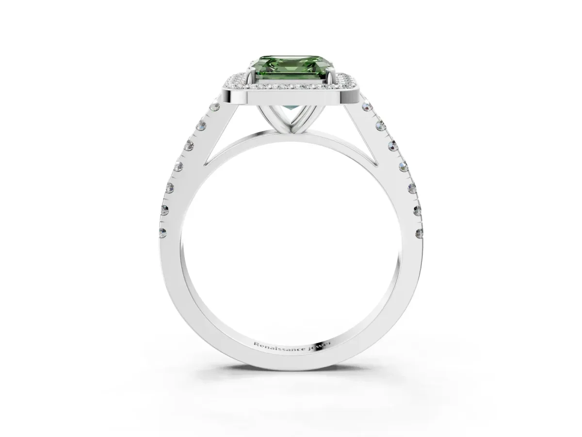 Fancy Green Asscher Cut Diamond Halo Ring with Round Pavé Split Shank and Prong Setting Platinum