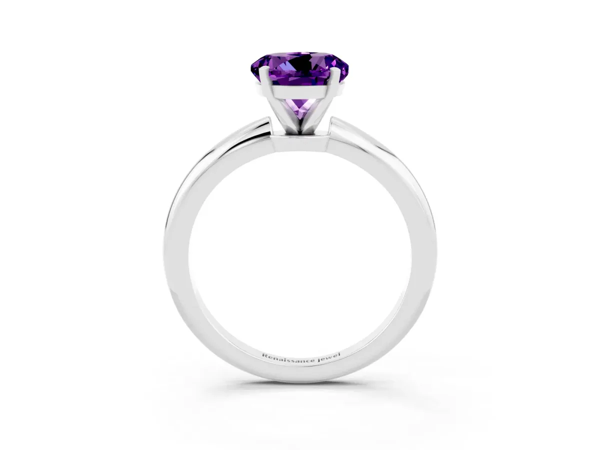 Round Cut Amethyst Solitaire Ring with Six-Prong Setting and Classic Band Silver