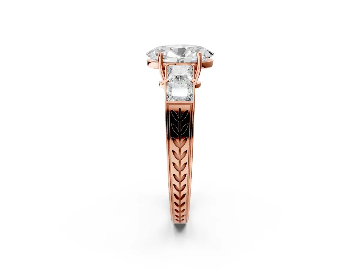 Oval Cut Solitaire Princess Side Stone Engraved Band Prong Setting Ring Rose gold