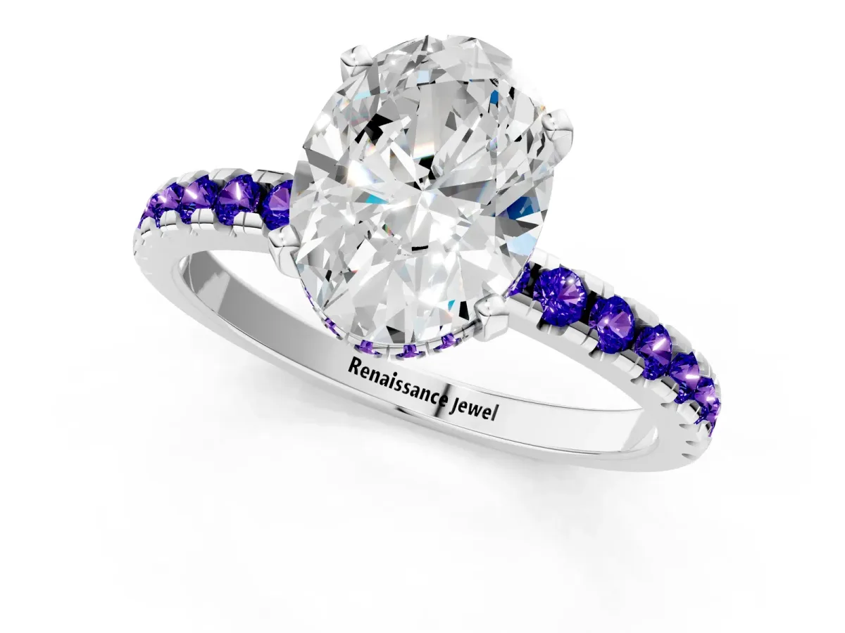 Oval Cut Diamond Solitaire Ring with Round Tanzanite Pavé Band and Four-Prong Setting Silver