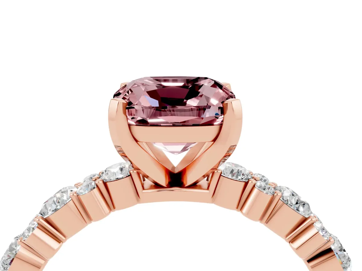 Cushion Cut Morganite Side Stone Solitaire Ring with Round and Four-Prong Setting Rose gold