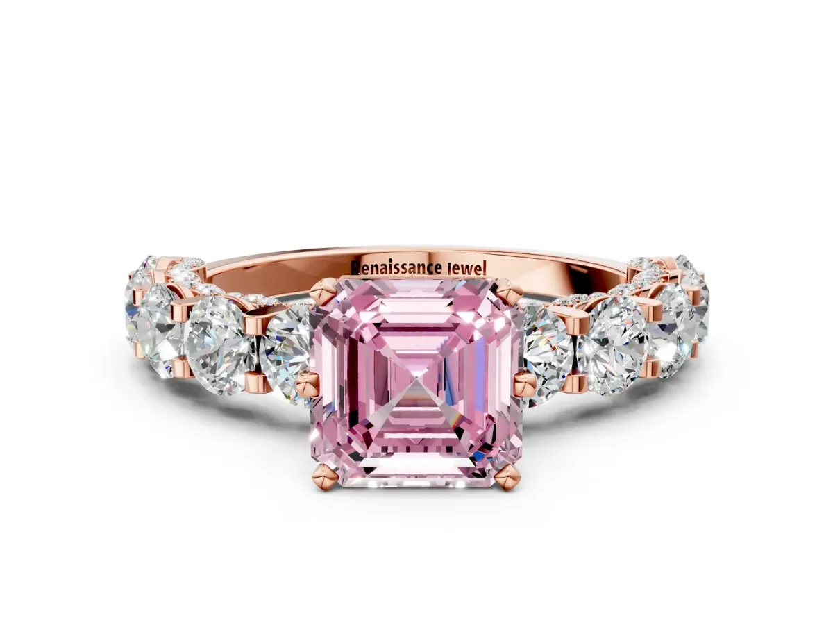 Fancy Pink Asscher Cut Diamond Side Stone Engagement Ring with Four-Prong Setting Rose gold