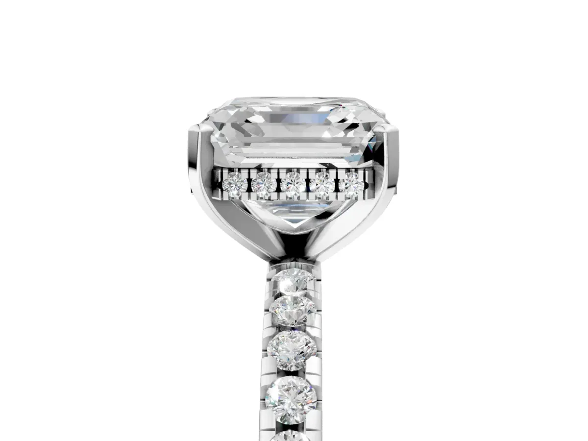 Asscher Cut Diamond Solitaire Ring with Round Pavé Band and Four-Prong Setting Silver