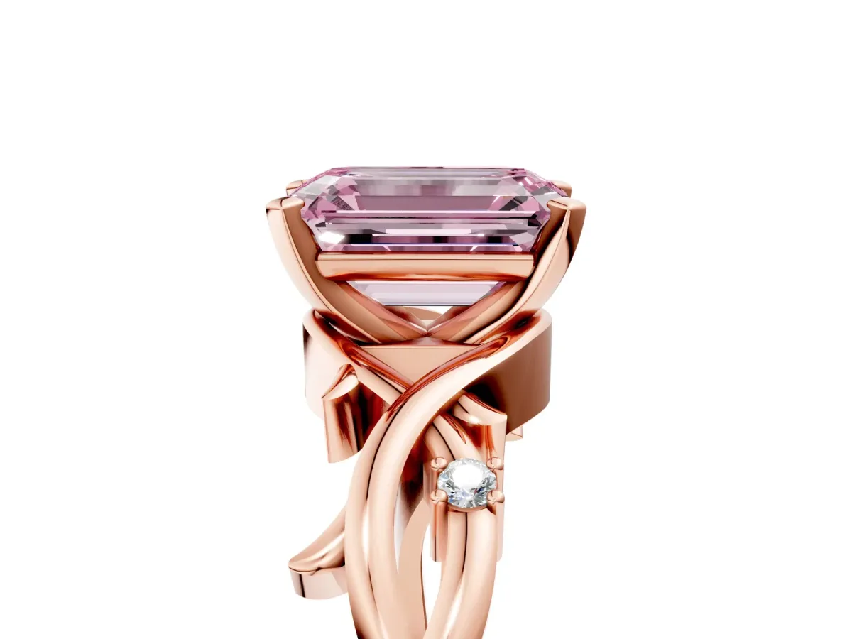 Fancy Pink Emerald Cut Diamond Solitaire Ring with Twisted Band and Prong Setting Rose gold