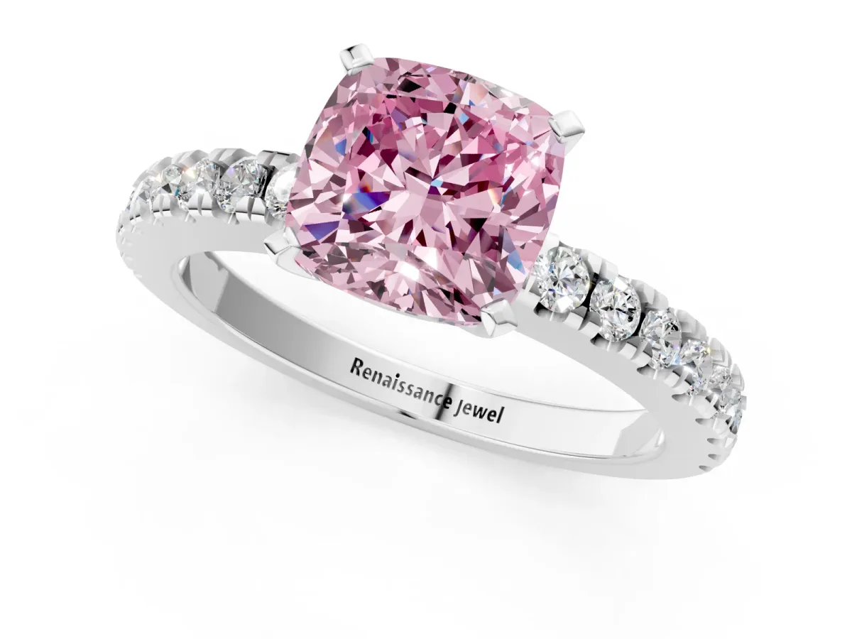 Fancy Pink Cushion Cut Solitaire Diamond with Pavé Band and Four-Prong Setting Silver