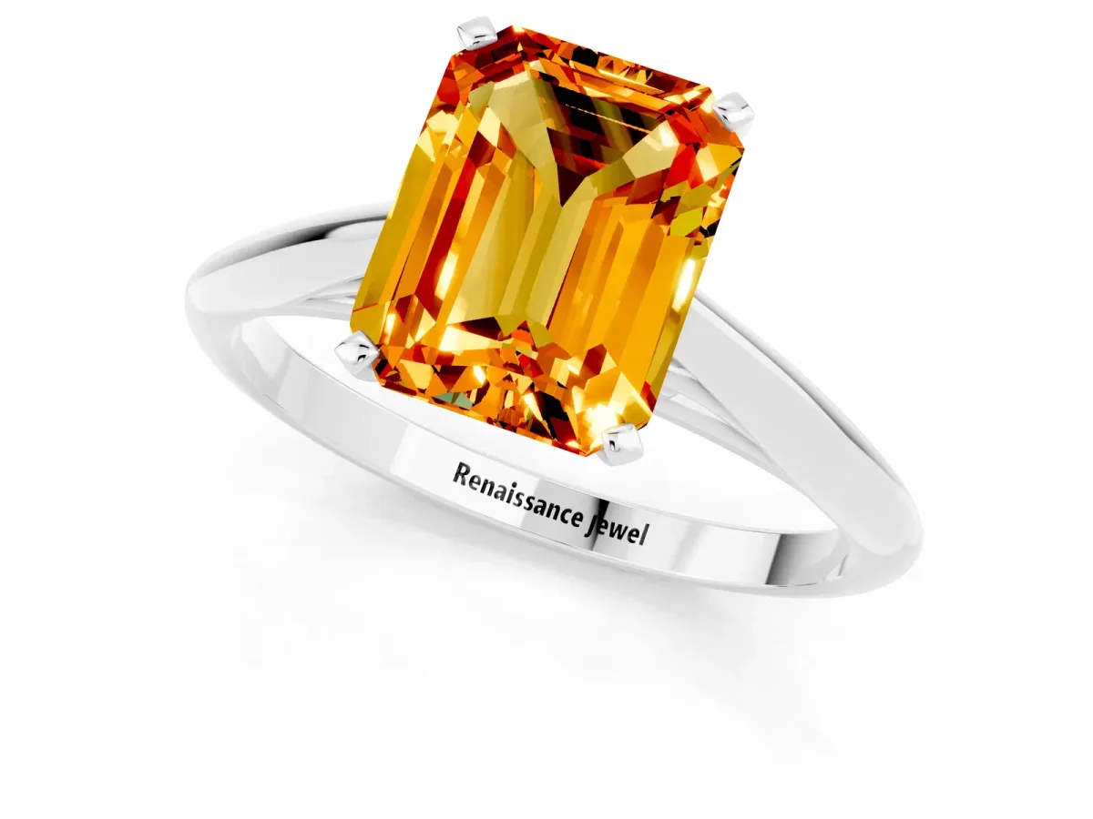 Emerald Cut Citrine Solitaire Engagement Ring with Cathedral Setting and Four-Prong Mount White gold