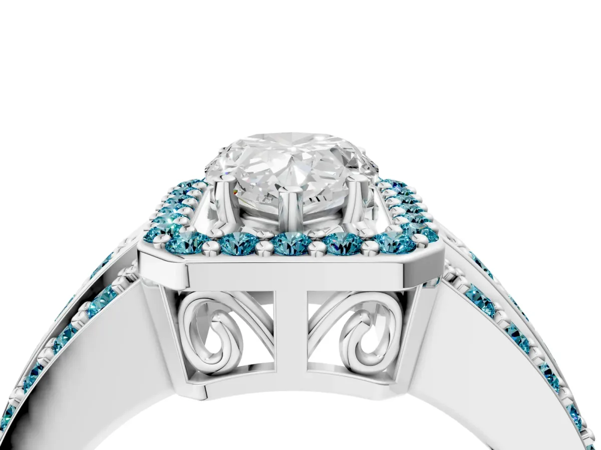 Pear Cut Halo Diamond Ring with Round Blue Topaz Split Shank and Prong Setting Platinum