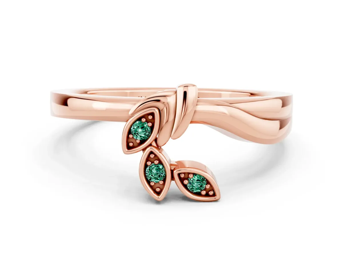 Three-Stone Round Green Sapphire Leaf Bypass Ring with Bezel Setting Rose gold