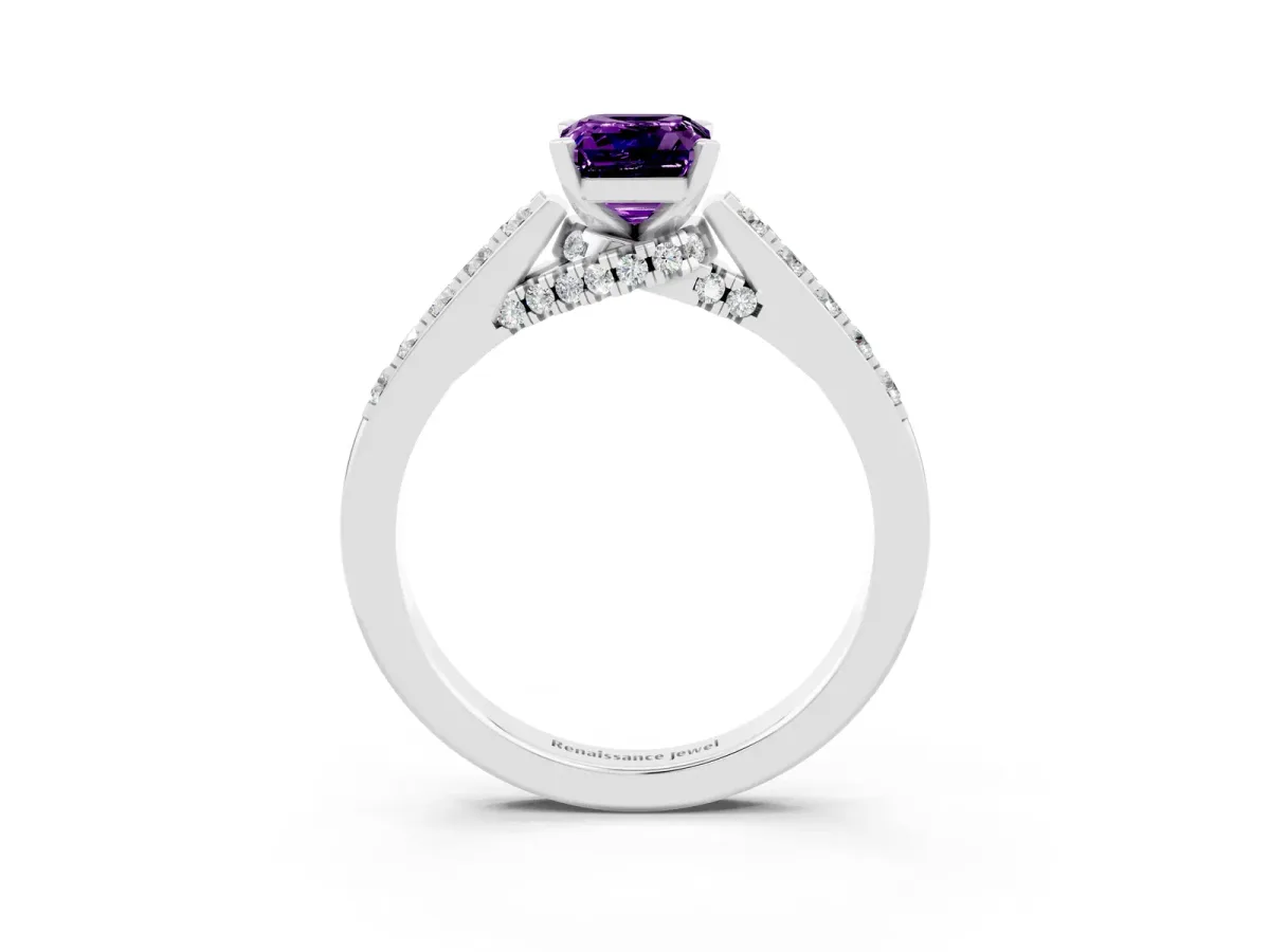 Emerald Cut Amethyst Solitaire Ring with Crossover Gallery and Round Pavé Band Platinum