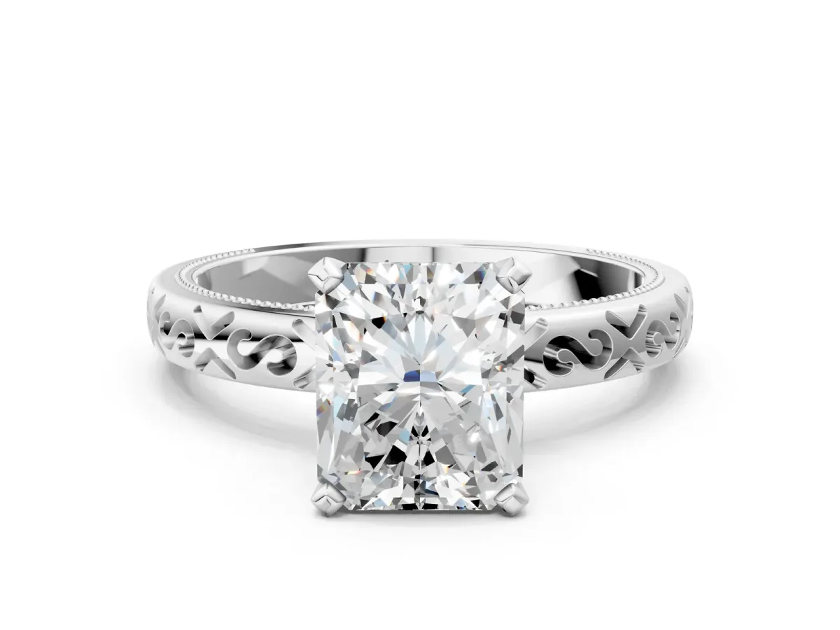 Radiant Cut Solitaire Engagement Ring with Scrollwork Band and Four-Prong Setting Platinum