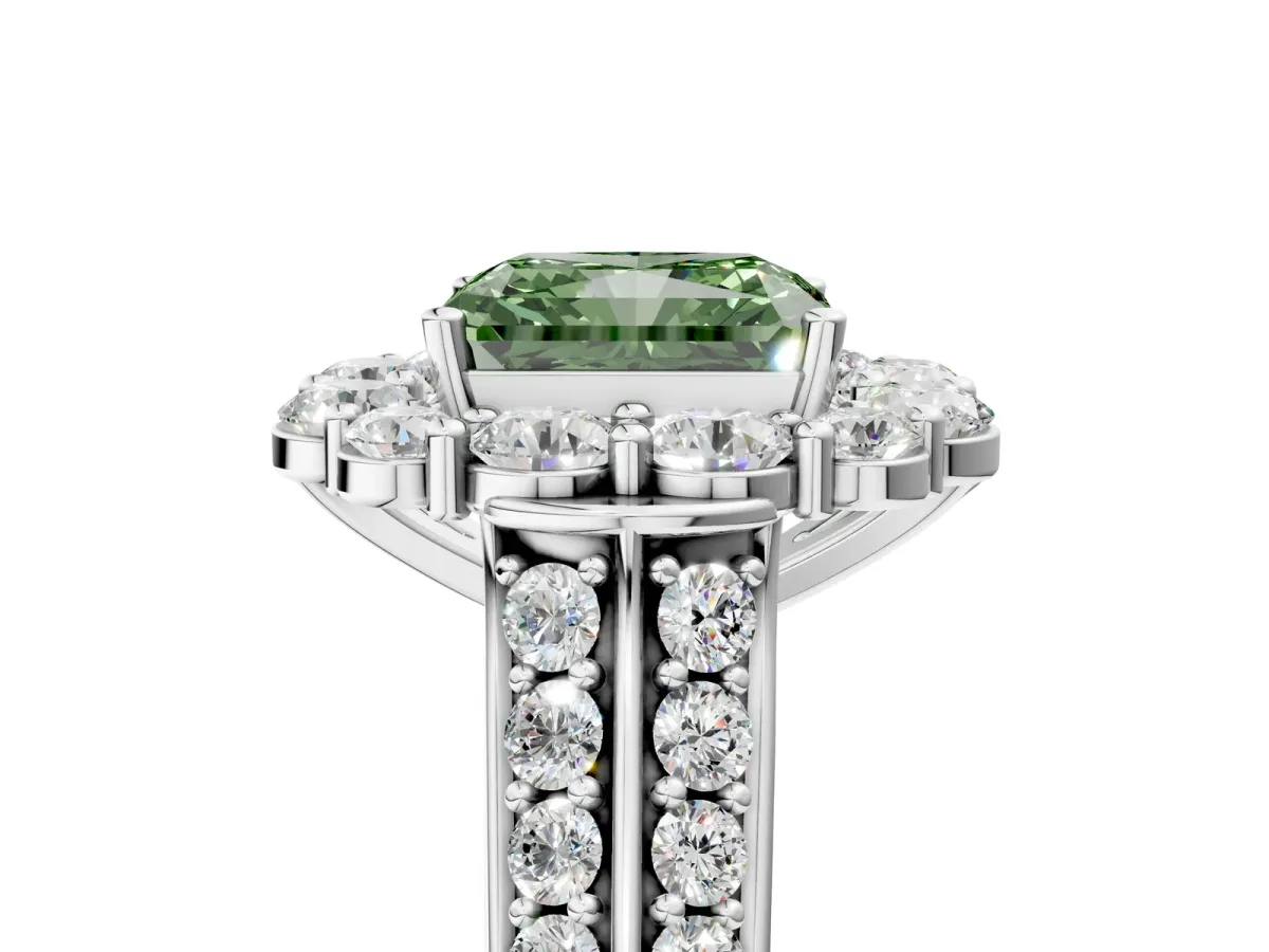 Fancy Green Radiant Cut Halo Diamond Engagement Ring with Split Shank and Prong Setting Platinum