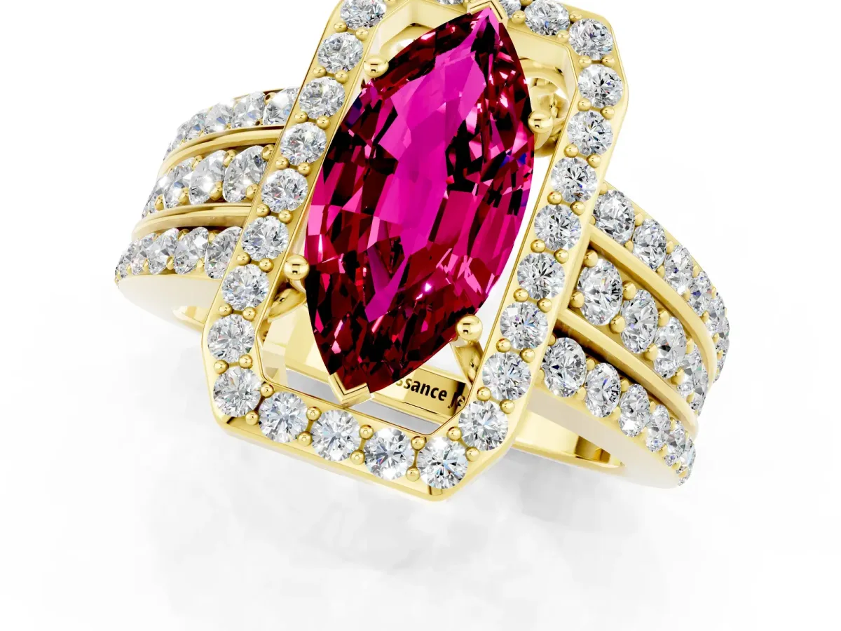 Marquise Cut Halo Garnet Ring with Round Split Shank and Prong Setting Yellow gold