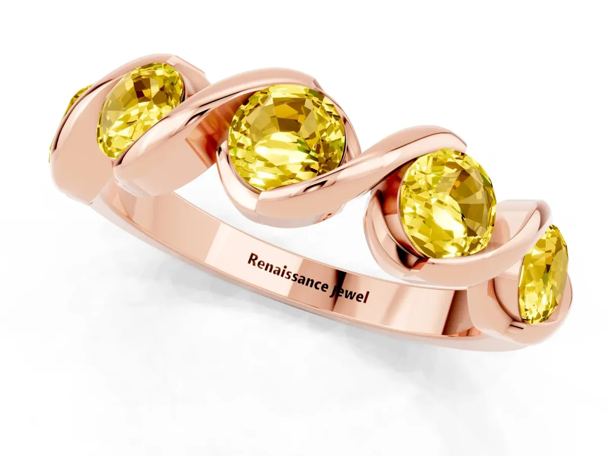 Round Yellow Sapphire Wave Band with Channel Setting and Shared Prongs Rose gold