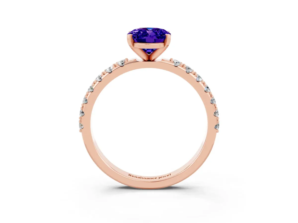 Oval Cut Tanzanite Solitaire Pavé Band with Four-Prong Setting Rose gold