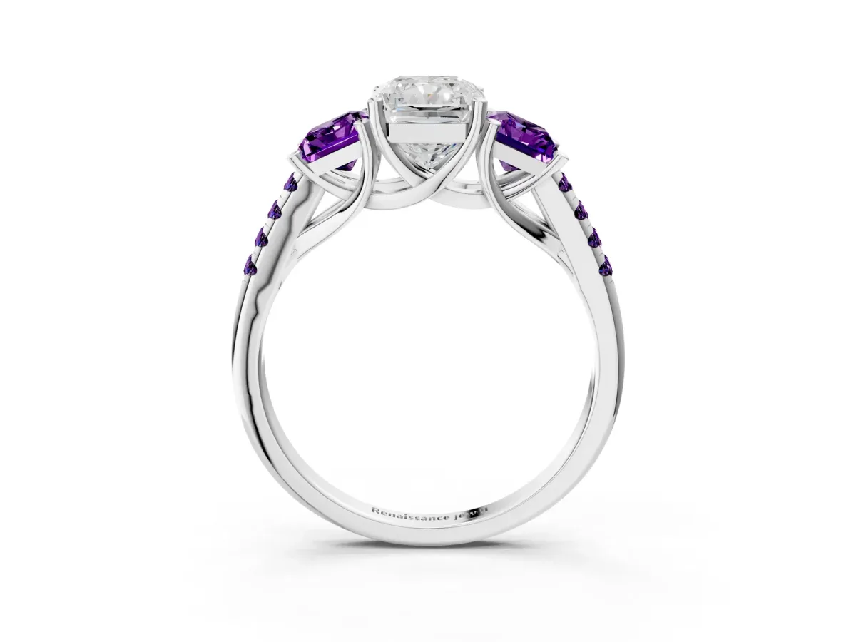 Three-Stone Radiant Cut Diamond Ring with Round Amethyst Pavé Band and Prong Setting Silver