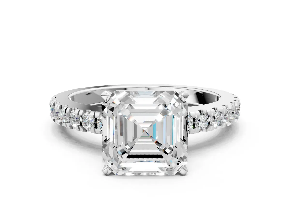 Asscher Cut Solitaire Diamond with Pavé Band and Four-Prong Setting White gold