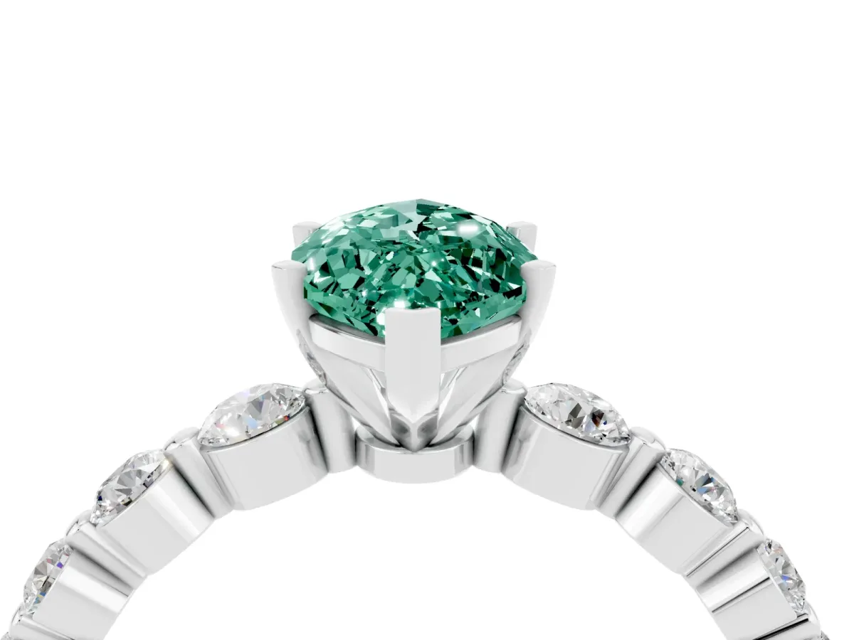Marquise Cut Solitaire Green Sapphire Ring with Pave Band and Four-Prong Setting Silver
