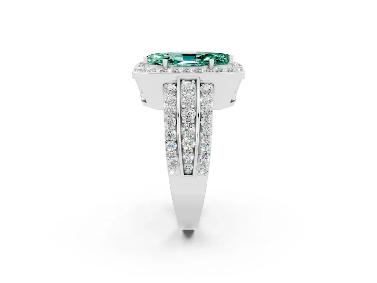 Marquise Cut Halo Green Sapphire Ring with Round Split Shank and Prong Setting Silver