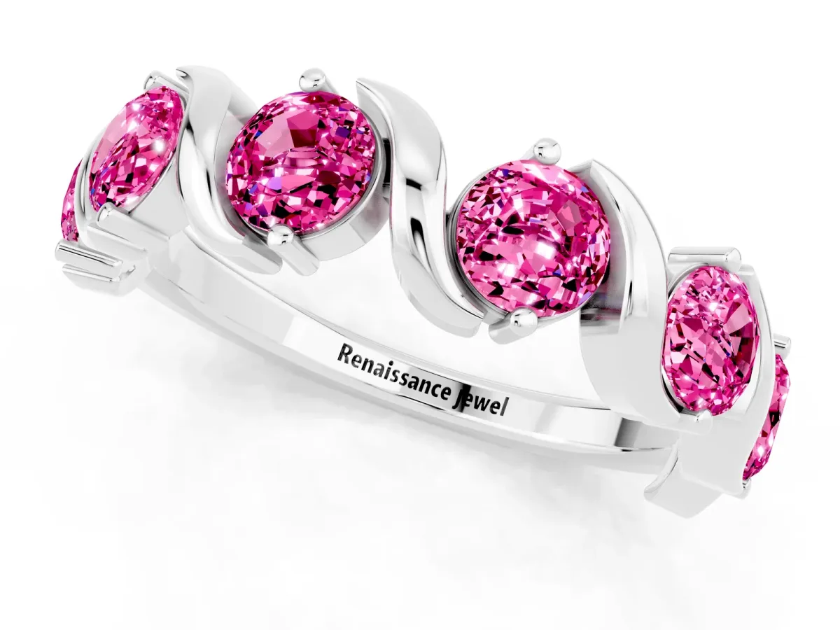 Round Pink Sapphire Half Eternity Band with Wave Prong Setting White gold