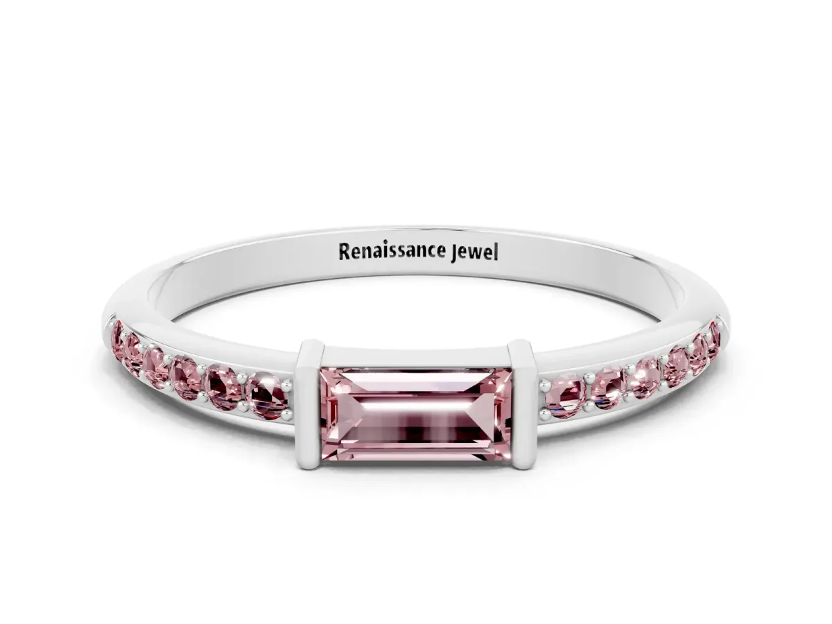 Baguette Morganite Pavé Band with Bar Setting White gold