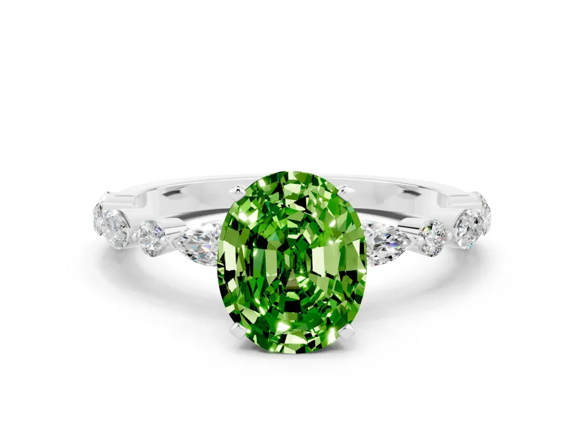 Oval Cut Peridot Ring with Marquise and Round Side Stones and Four-Prong Setting Silver