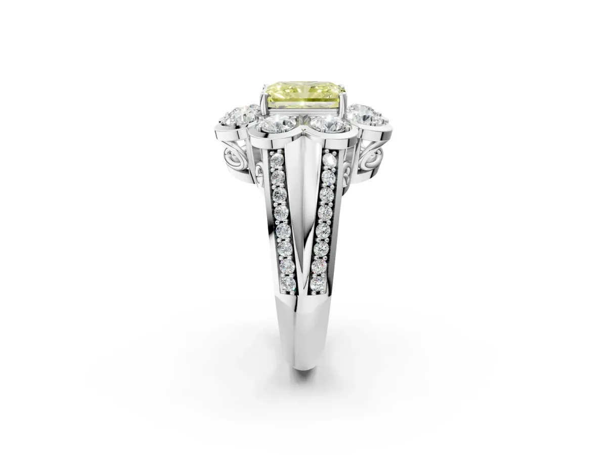 Fancy Yellow Radiant Cut Brilliant Flower Halo Diamond Split Shank Ring Platinum