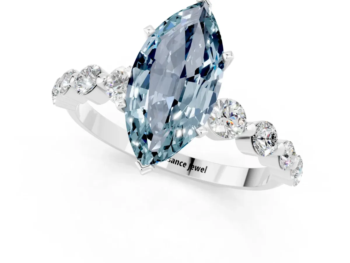 Marquise Cut Solitaire Aquamarine Ring with Pave Band and Four-Prong Setting Silver