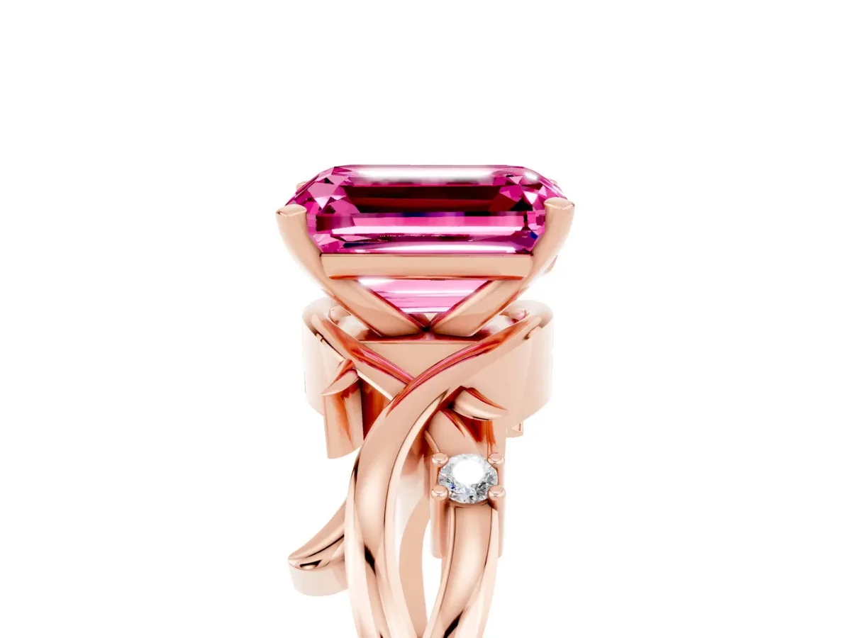 Emerald Cut Pink Sapphire Solitaire Ring with Twisted Band and Prong Setting Rose gold