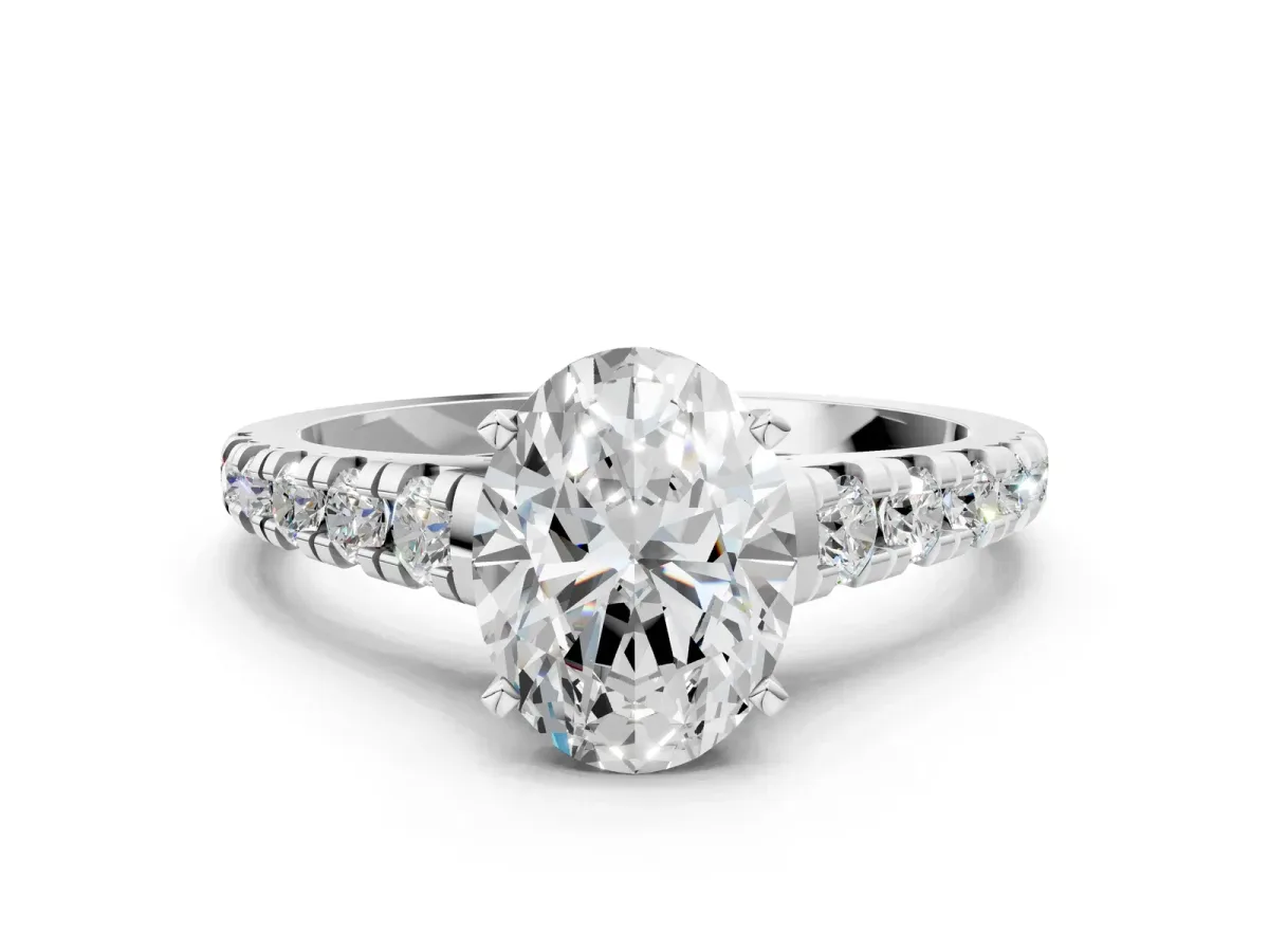 Oval Cut Diamond Cathedral Solitaire Ring with Round Pavé Band White gold